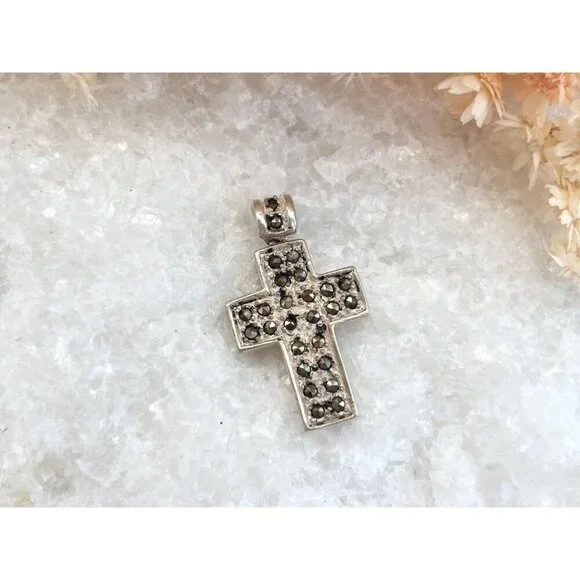 Cross Shaped Marcasite Accented Geometric Sterling Silver 925 Vintage Pendant - Picture 8 of 9